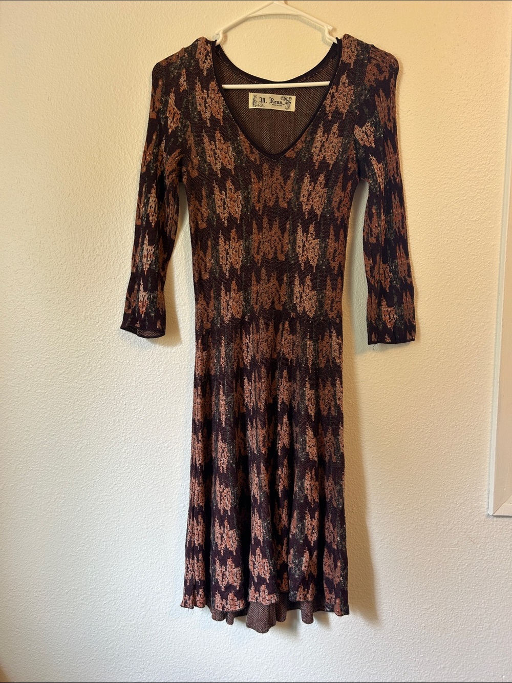 M. Rena Brown and Black Patterned Long-Sleeve Knit Dress